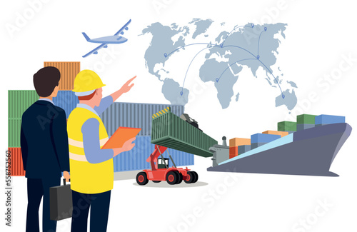 Logistics and shipping of container truck at ship port for business Container Cargo ship and cargo plane with crane bridge working at shipyard at sunrise, logistics import export and shipping