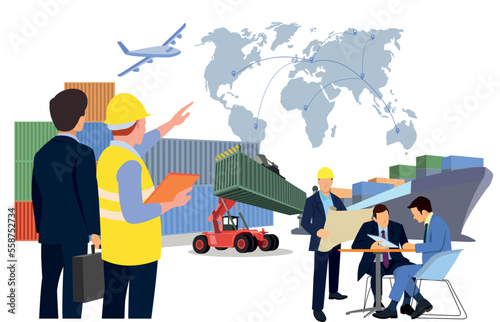Logistics and shipping of container truck at ship port for business Container Cargo ship and cargo plane with crane bridge working at shipyard at sunrise, logistics import export and shipping