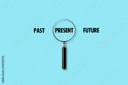 magnifier focusing on the present time alongside the past and future. To focus on the current situation, positive thinking mindset concept.
