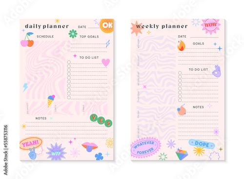 Vector weekly and daily planners templates with y2k patches,icons and emblems.Organizer and schedule with place for notes; goals,to do list.Trendy layout in 90s groovy aesthetic.Abstract modern design