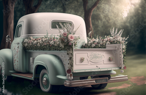 White Vintage truck decorated with flowers for a wedding