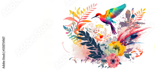 Fényképezés Arrangement of Tropical flowers and plants, with colorful birds, and coral, on a