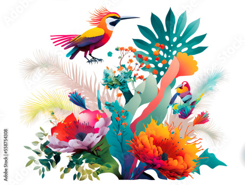 Arrangement of Tropical flowers and plants, with colorful birds, and coral, on an isolated White Background Generative AI © NelsonCharette Media