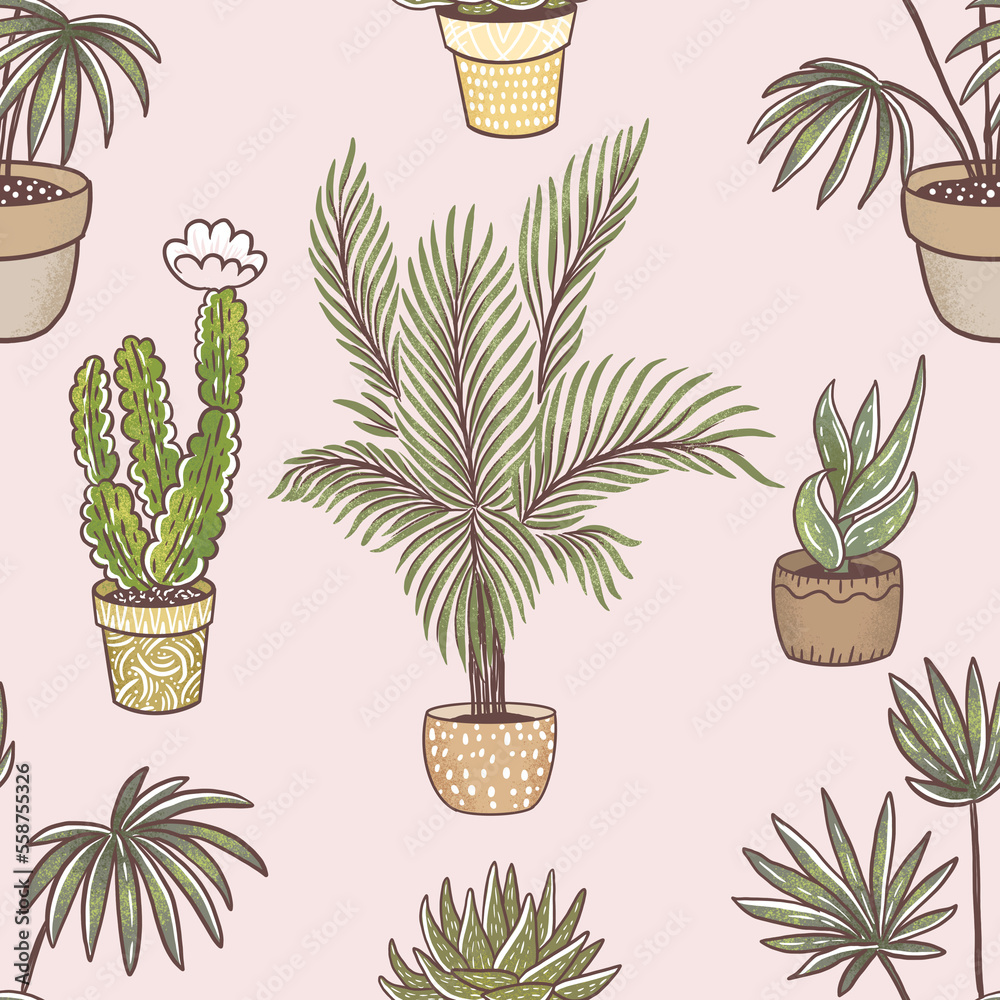 Houseplants, urban jungle, seamless pattern with hand drawn illustrations
Houseplants, urban jungle, seamless pattern with hand drawn illustrations