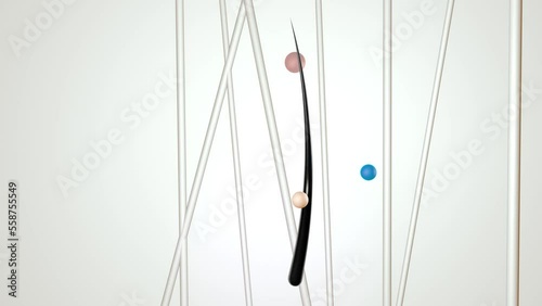 3d animation. One long black hair on a neutral background. Balls of cosmetics or medicine molecules fly up to the hair and change color, reaction. Trichologist, medicine or cosmetology and care.