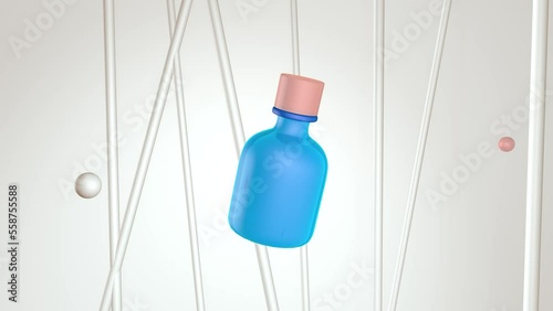 3d animation. Blue glass jar of cosmetics or medicine bottle on a light neutral background. Small round balls or bubbles float up gently, hitting the bottle and shaking it.