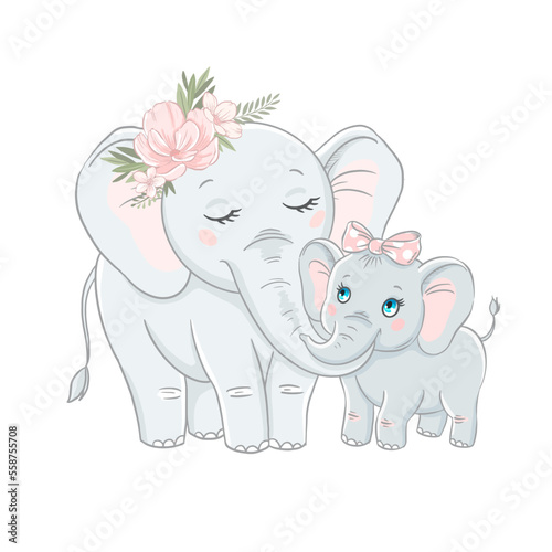Mother and baby elephants, hand drawn vector illustration
