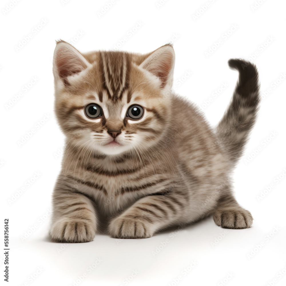 playful funny kitten sit and looking. Close-up of a tabby cat isolated on a white background. Digital Art Painting
