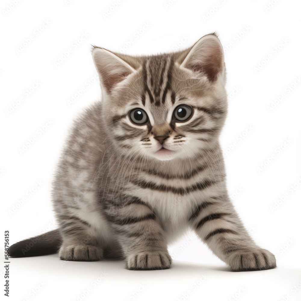 playful funny kitten sit and looking. Close-up of a tabby cat isolated on a white background. Digital Art Painting
