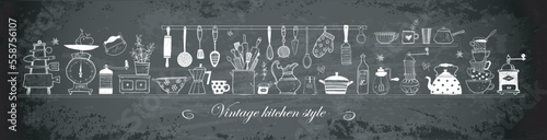 Composition with vintage doodle kitchen utensils on on blackboard background. Vector sketch illustration