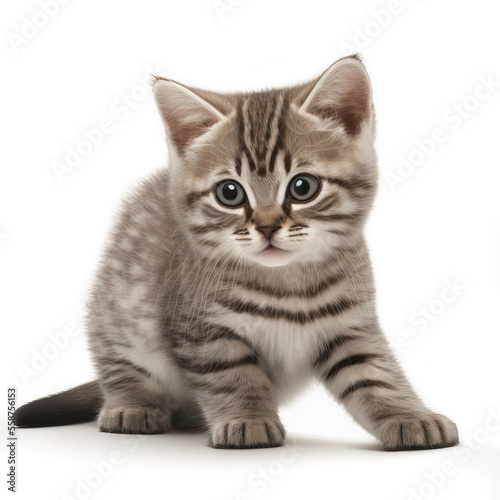 playful funny kitten sit and looking. Close-up of a tabby cat isolated on a white background. Digital Art Painting 