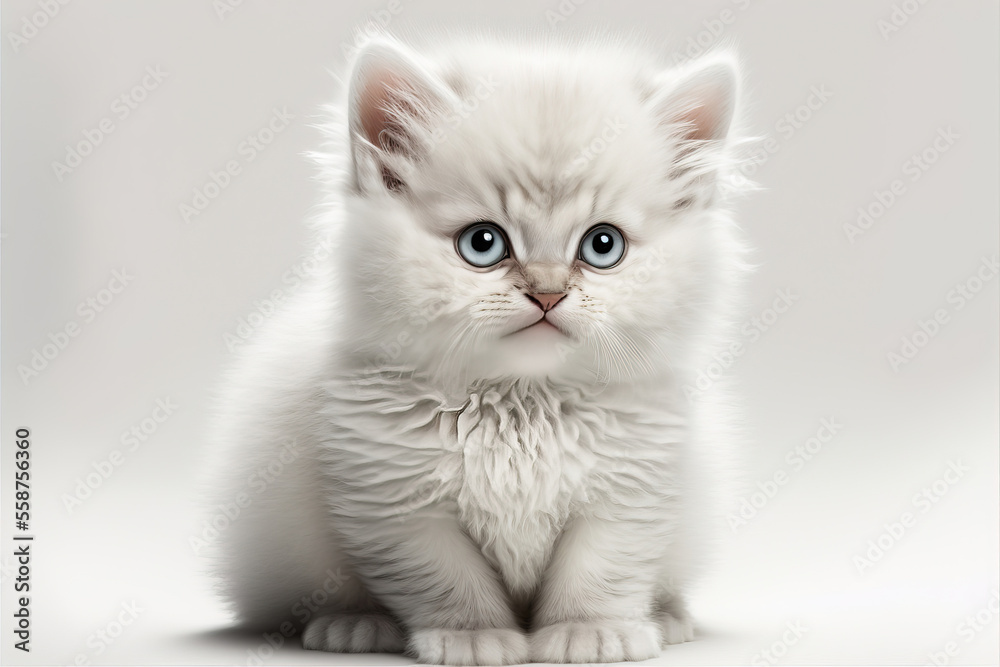 Cute kitten sit and looking. Close-up of a white cat isolated on a white background. Digital Art Painting
