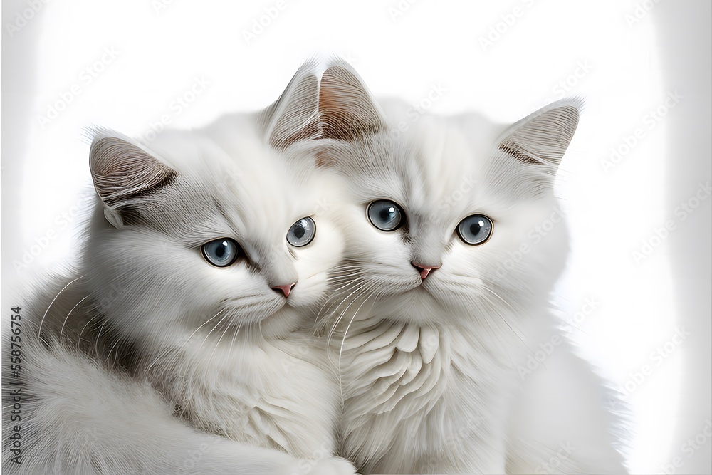 two white himalayan cats sitting and snuggling, hugging on isolated white background, Generative AI