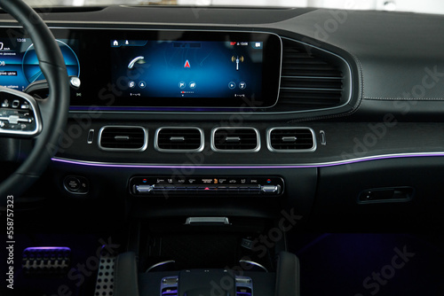 multimedia screen and ventilation system in famous expensive premium car close-up