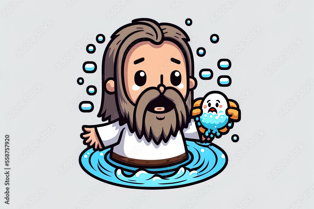 cartoon figure being baptized by Jesus Christ. Illustration of an adorable mascot. white background in isolation. Generative AI cartoon figure being baptized by Jesus Christ. Illustration of an adorable mascot. white background in isolation. Generative AI