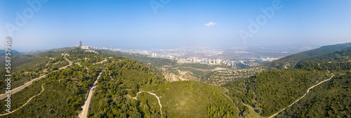 Aerial view of a road in woodlands, Carmel Forest, Haifa, Israel.
