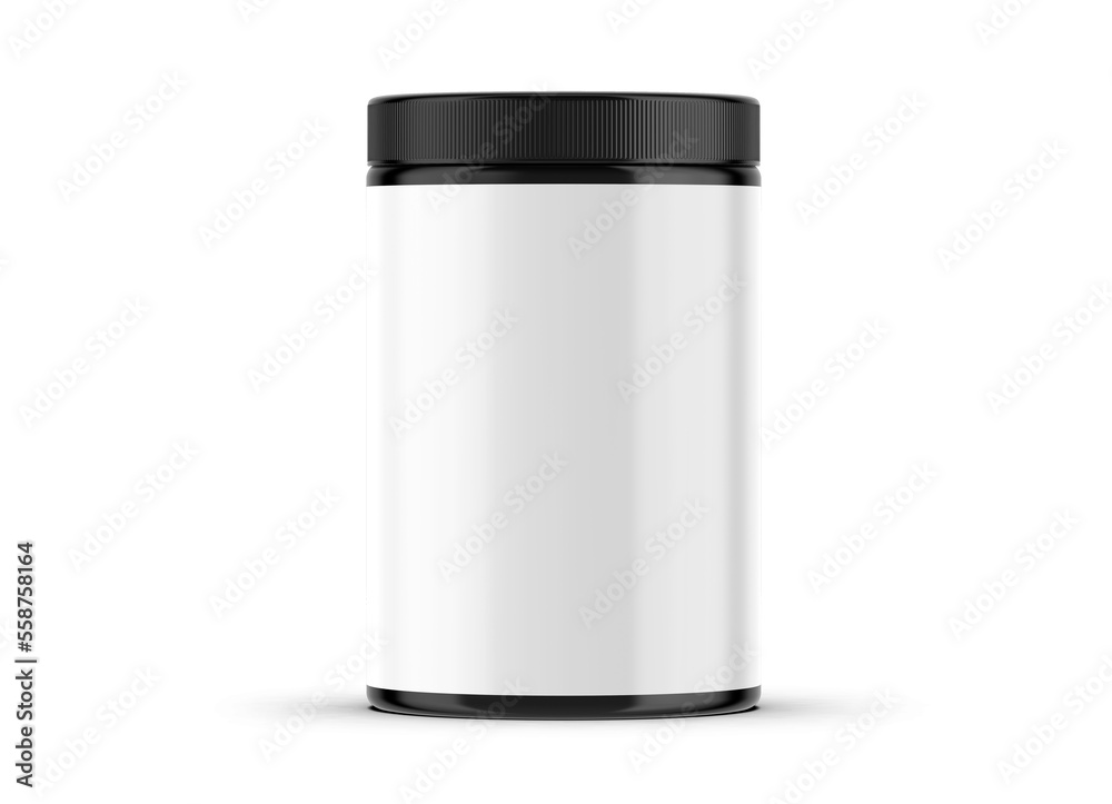 Supplement, protein black bottle white label isolated on a white background Supplement, protein black bottle white label isolated on a white background