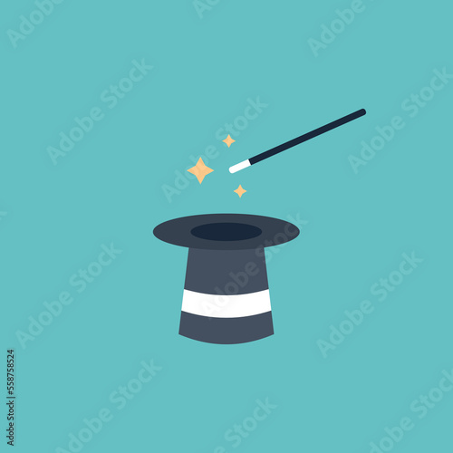 Leinwand Poster Vector illustration of magic hat and magic wand icon, magician hat