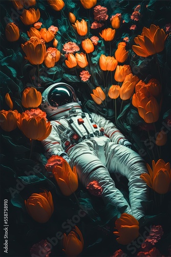 Space Astronaut Flower Bed, Generative AI 