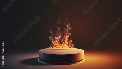Podium, pedestal for product display presentation with fire. Burning showcase