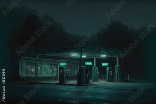 Gas station at night. Lonely. Spooky. Dim lighting. 