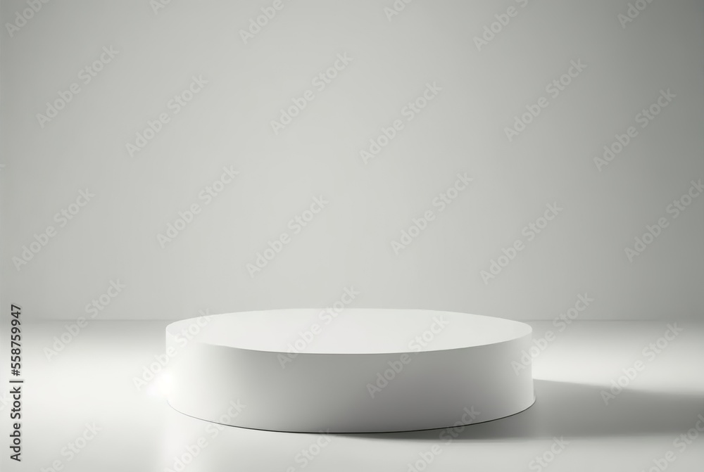 White circular podium in a sunroom. An empty, simple podium for product presentation in the sunlight White circular podium in a sunroom. An empty, simple podium for product presentation in the sunlight