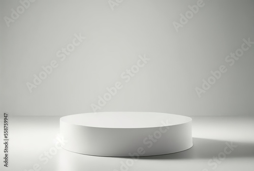 White circular podium in a sunroom. An empty, simple podium for product presentation in the sunlight