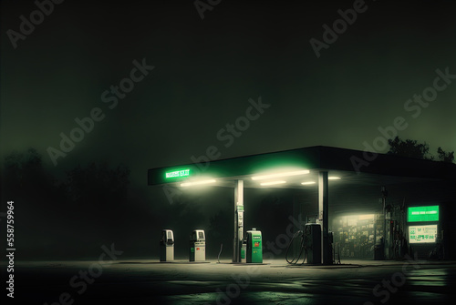 Gas station at night. Lonely. Spooky. Dim lighting.  © ECrafts