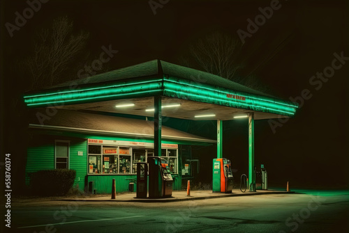 Gas station at night. Lonely. Spooky. Dim lighting.