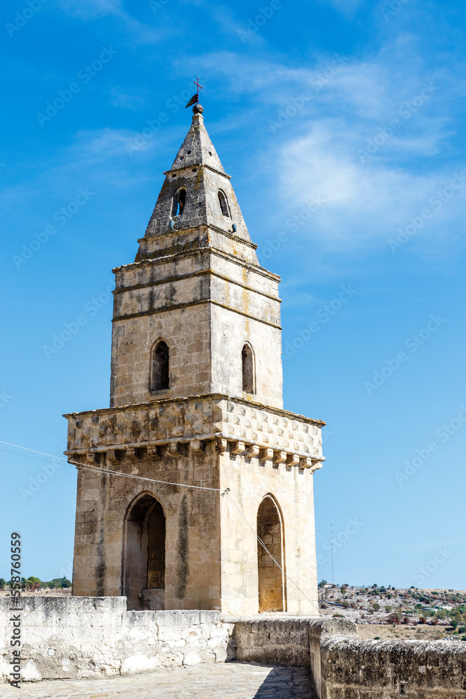 Bell tower of the Chiesa San Pietro Barisano church in Matera, Basilicata, Italy - Euope