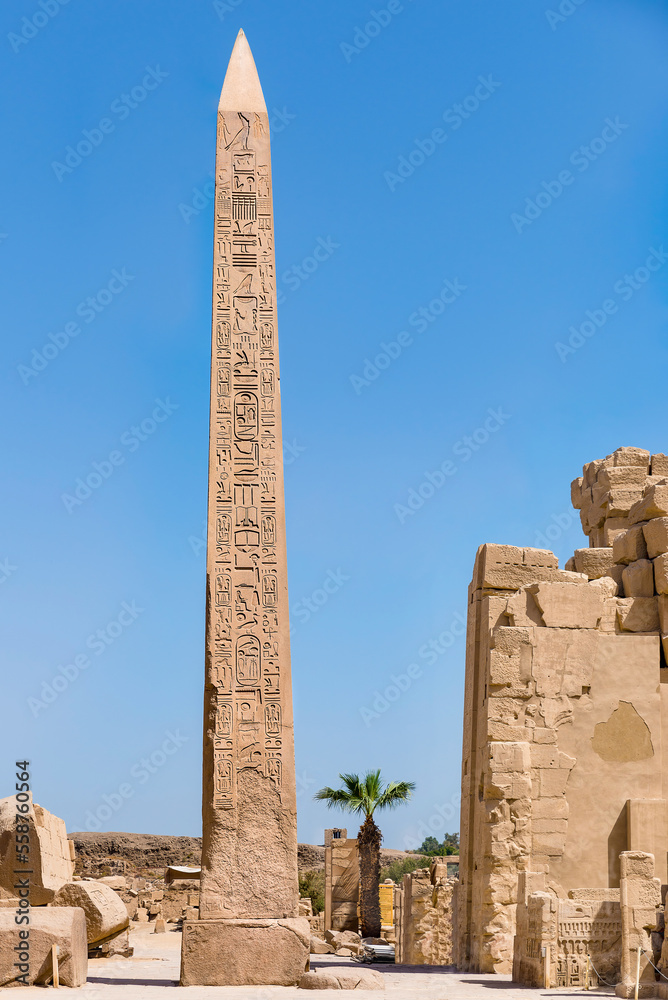 Luxor, Egypt; January 5, 2023 - Bearing the ancient Egyptian name Queen Hatshepsut, and  measuring around 30m in height and weighing 343 tonnes, this obelisk is the biggest standing in all of Egypt