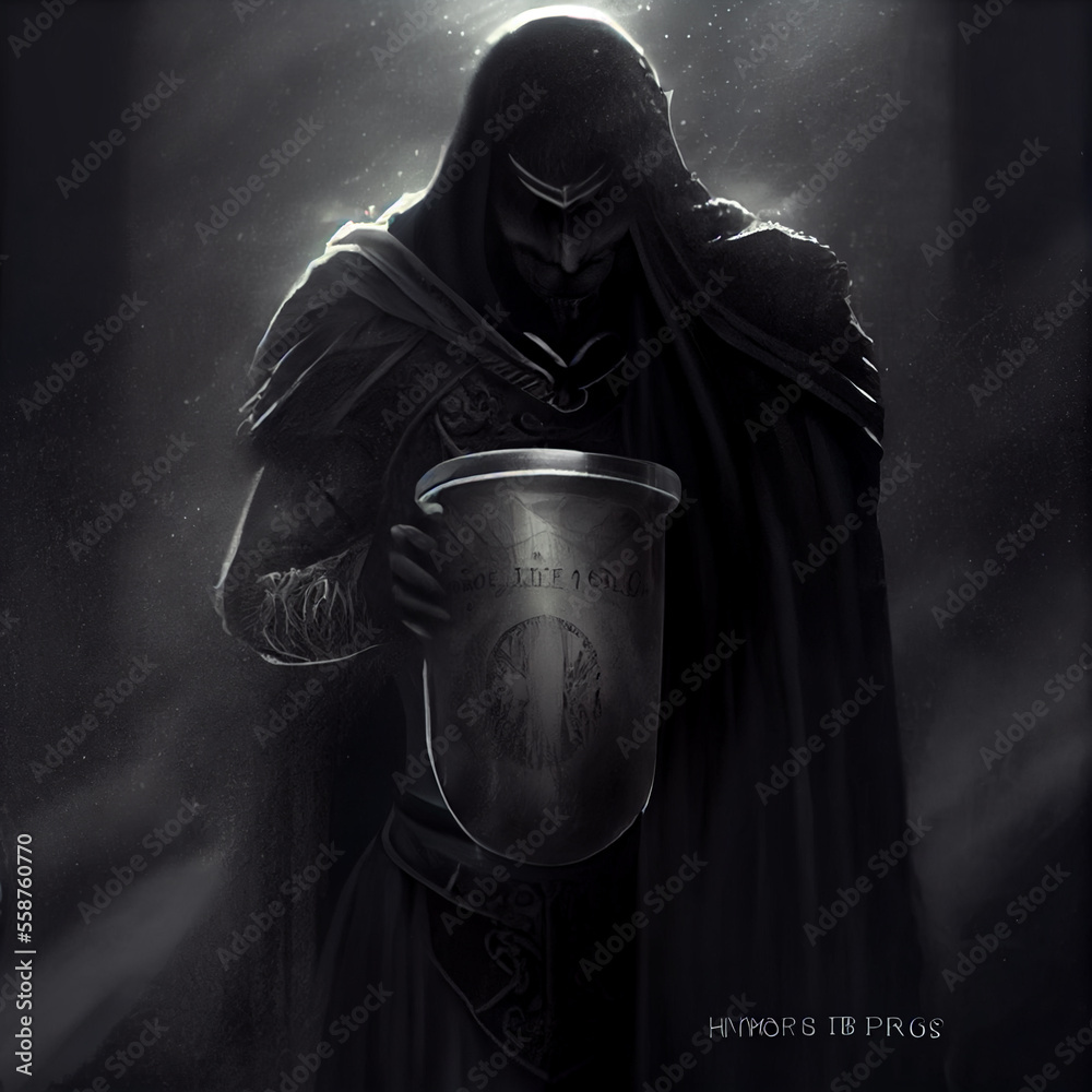 A black knight from a fantasy world. Dark knight kneeling. Dark fantasy