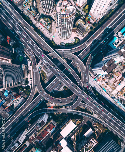 Aerial view of a complex city road interchange in Shanghai, China.
