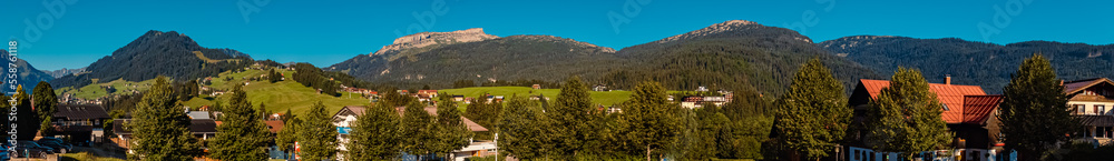High resolution stitched summer panorama at the famous Kleinwalsertal valley, Riezlern, Vorarlberg, Austria