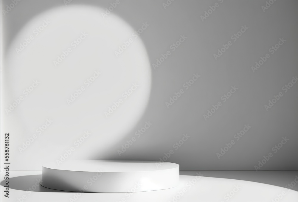 Fototapeta premium White round podium in a sunshine room. Empty simple pedestal for the product presentation in sunbeams
