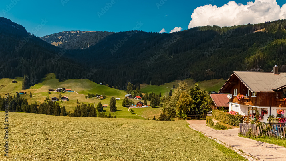 Beautiful alpine summer view at the famous Kleinwalsertal valley, Riezlern, Vorarlberg, Austria