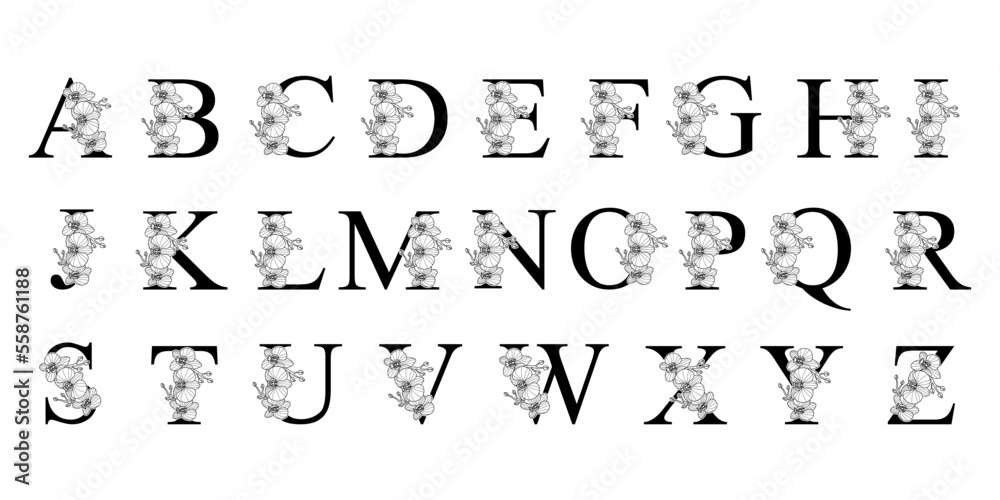 Floral Alphabet. Letters with flowers. Hand drawn Orchid. Letters for monograms or logos. Perfect for greeting card, birthday, logo, wedding invitations. Black and white vector illustration. Floral Alphabet. Letters with flowers. Hand drawn Orchid. Letters for monograms or logos. Perfect for greeting card, birthday, logo, wedding invitations. Black and white vector illustration.