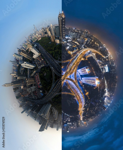 Aerial 360 degrees view of Shanghai cityscape half day and half night, China.
