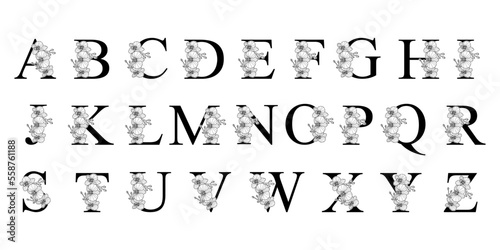 Floral Alphabet. Letters with flowers. Hand drawn Orchid. Letters for monograms or logos. Perfect for greeting card, birthday, logo, wedding invitations. Black and white vector illustration.