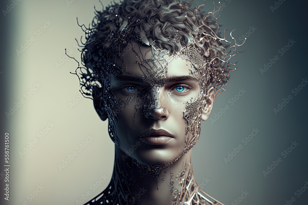 Concept of a young person with a neural network in his head. future cyborg guy ultra realistic. Generative AI Concept of a young person with a neural network in his head. future cyborg guy ultra realistic. Generative AI