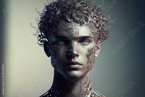 Concept of a young person with a neural network in his head. future cyborg guy ultra realistic. Generative AI