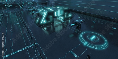 Top view of a Futuristic cyber city in blue neon lights. Wet black road. Wallpaper in a style of cyberpunk. City of a future. Cyber industrial cityscape. 3D illustration.