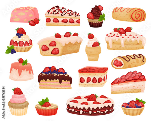 Set of delicious desserts with ripe fresh strawberry. Cake, cupcake, ice cream for confectionery or coffee shop cafe desserts cartoon vector