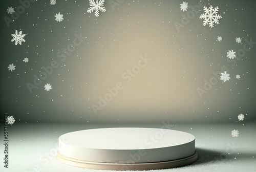 White winter pedestal for product display presentation with snowflakes. Minimalist showcase 