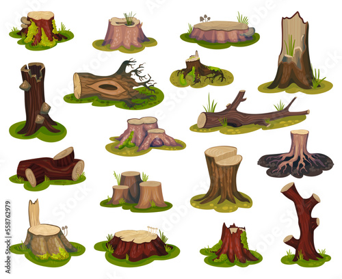 Collection of different tree stumps. Wooden industry, deforestation concept cartoon vector