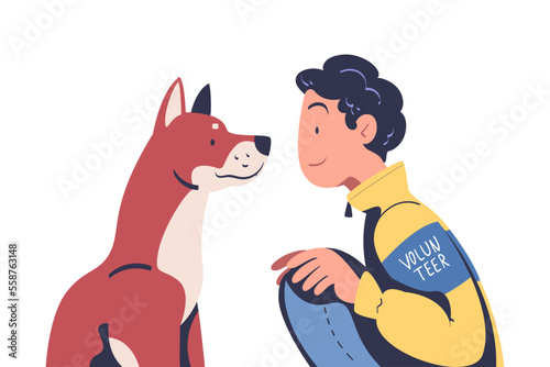 Young Man Volunteer Caring of Homeless Dog Pet Vector Illustration