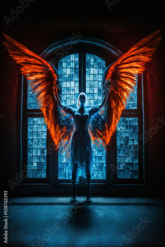 Angel in stained glass window in church photo