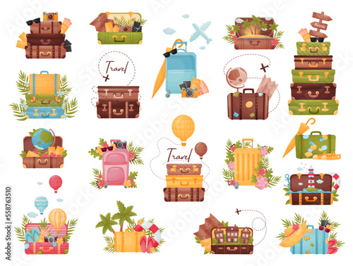 Retro suitcase collection. Brown leather suitcases stickers with exotic leaves and flowers cartoon vector