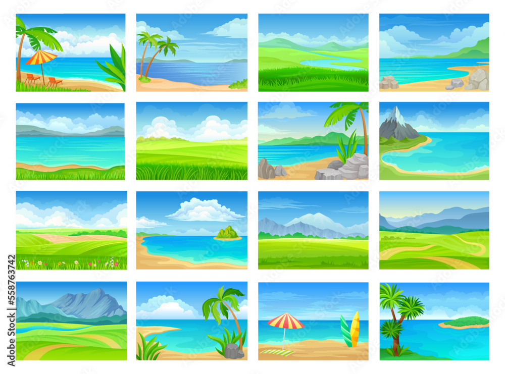 Beautiful summer landscapes set. Tropical ocean or sea beach, green meadow with countryside road, mountain landscape cartoon vector