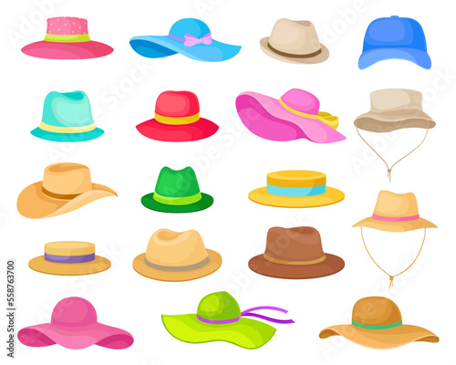 Male and female hats collection. Retro style headwear cartoon vector